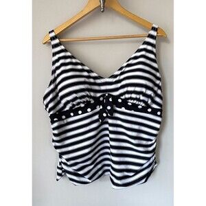 Women's Tankini Top Size 18 Shore Club Tie Front Black & White Stripes Polka Dot